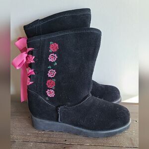 Bearpaw Carly black suede boots with embroidered flowers and satin ribbon detail